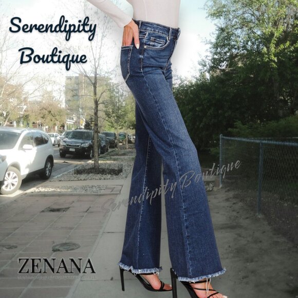 Zenana Super Stretch High Rise Bell Bottom Retro 70s Dark Wash Jeans - Picture 5 of 16